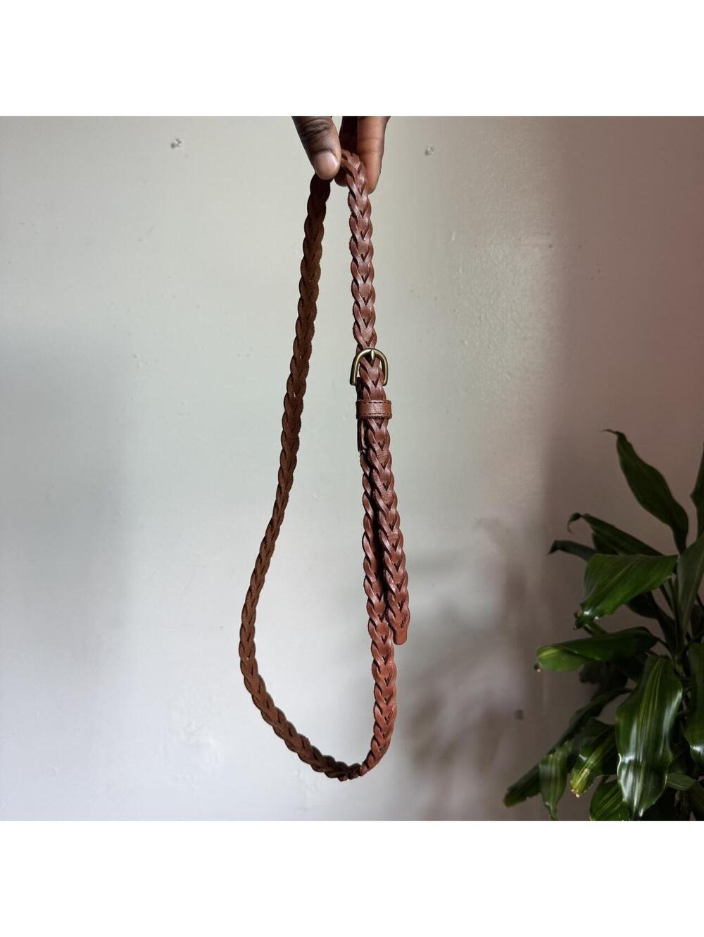 90s Brown Braided Leather mini Belt with Brass Buckle Fits M-L
